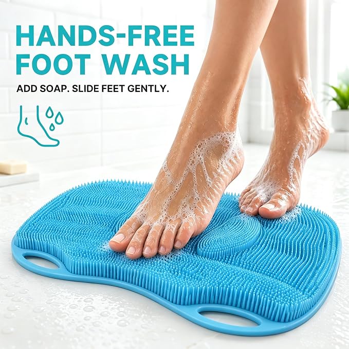XL Silicone Shower Foot Scrubber Mat with Suction Cups, Foot Washer for Shower, Foot and Back Scrubber for Smooth Shower Wall or Floor, Blue, 17.3 x 12.9 in