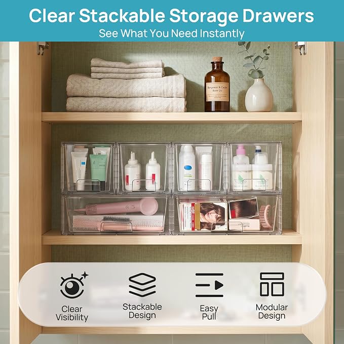 Vtopmart 3 Pack Stackable Storage Drawers, Easily Assemble Clear Plastic Organizer Bins, 1 Wide Drawer and 2 Medium Drawers for Pantry, Kitchen Cabinet, Bathroom, Closet Organization and Storage