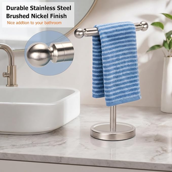 Hand Towel Holder Standing, T-Shape Towel Rack with Heavy Base, Regular Sized Hand Towel for Bath (Brushed Nickel, Stainless Steel)