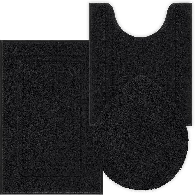 SHACOS 3 Piece Bathroom Rug Set with Toilet Lid Cover, Extra Soft Absorbent | Microfiber Bath Rugs 20"x32" and U-Shaped Toilet, Machine Washable Bath Mats for Bathroom Floor, Tub and Shower, Black
