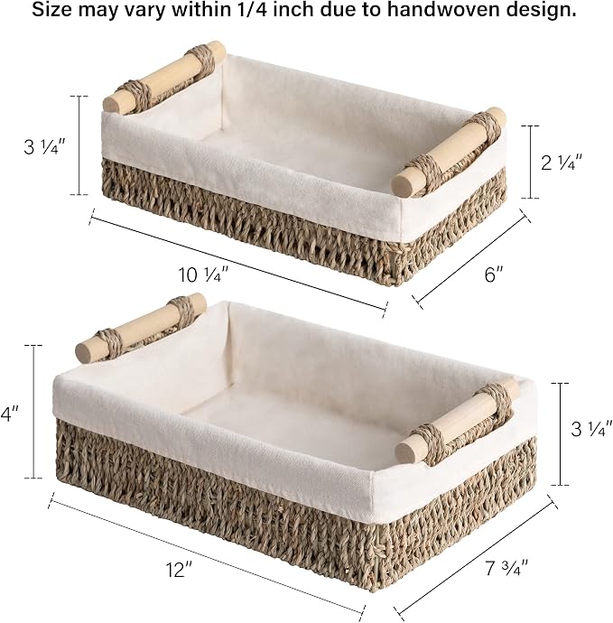 StorageWorks Small Seagrass Baskets for Organizing, Wicker Basket for Organizer, Storage Baskets with Wooden Handles and Natural Fiber Liner, Set of 2