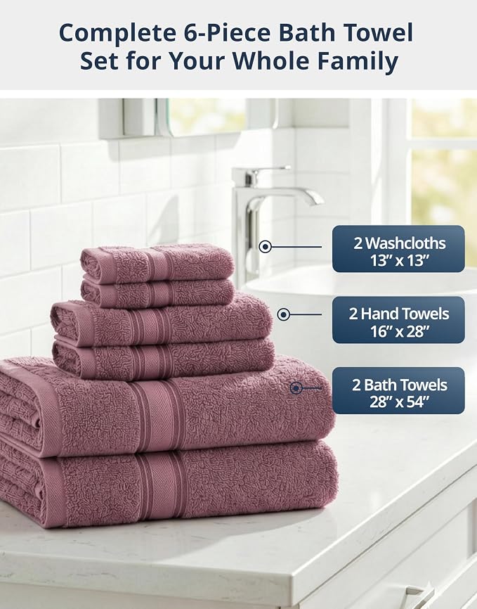 LANE LINEN Bath Towel Set Absorbent Quick Dry 100% Cotton - Wishful Mauve | Towel Sets For College Dorm - OEKO-TEX Certified, Zero-Twist Durability, Zero-Twist Cotton, Terry Weave Comfort