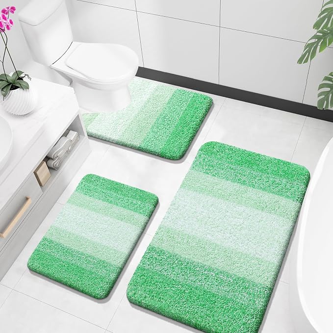 OLANLY Microfiber Bathroom Rugs Sets 3 Piece, 36"x24"+24"x16"+24"x20" | Green, Soft Absorbent Bath Mats and U-Shaped Contour Toilet Rug, Plush Shaggy Bath Mat Set for Bathroom