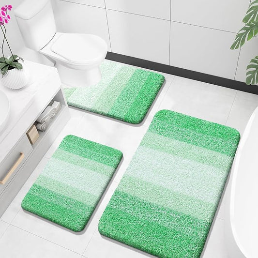 OLANLY Microfiber Bathroom Rugs Sets 3 Piece, 36"x24"+24"x16"+24"x20" | Green, Soft Absorbent Bath Mats and U-Shaped Contour Toilet Rug, Plush Shaggy Bath Mat Set for Bathroom