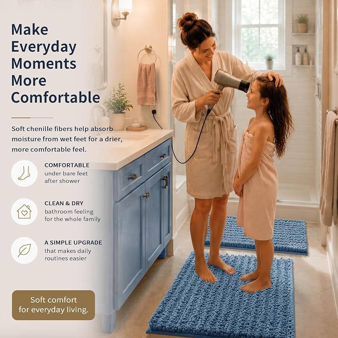 Yimobra Bathroom Rug Set 3 Piece, Super Absorbent Bath Mat Set, Denim Blue | Quick Dry Soft Chenille Bath Rugs & Toilet Rug, Non Slip Machine Washable, Extra Thick Shaggy Floor Mat for Shower Tub Sink