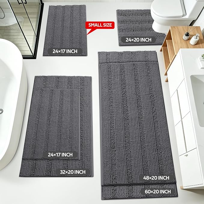 Striped Grey Bathroom Rug Mat Set 2 piece 24"x17"+48"x20" Ultra Soft, Non Slip Chenille Bath Rugs, Absorbent Plush Shaggy Bath Mats for Bathroom, Bedroom, Kitchen, Shower, Tub,Dark Gray, Charcoal