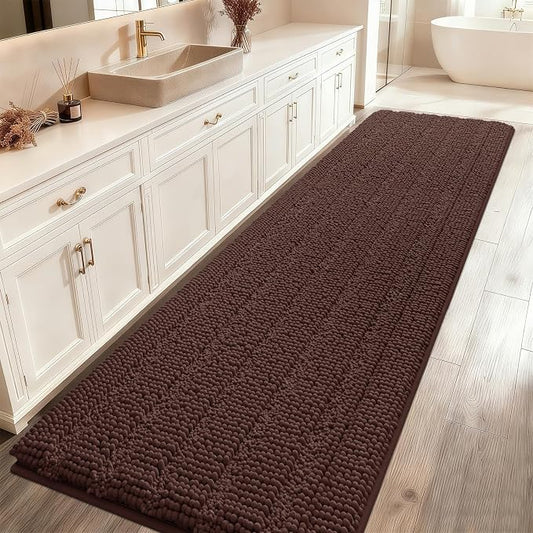 ACCUMTEK Extra Long Striped Brown Bathroom Rug Mat 70"x24" Ultra Soft, Non Slip Chenille Bath Rugs, Absorbent Plush Shaggy Bath Mats for Bathroom, Bedroom, Kitchen, Shower, Tub