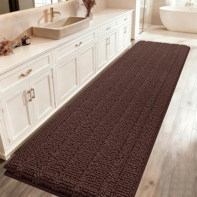 ACCUMTEK Striped Brown Bathroom Rug Mat 48"x17" Ultra Soft, Non Slip Chenille Bath Rugs, Absorbent Plush Shaggy Bath Mats for Bathroom, Bedroom, Kitchen, Shower, Tub