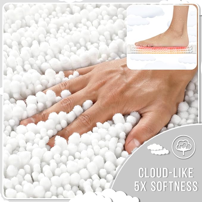 Yimobra Bathroom Rugs Sets 2 Piece - Quick Dry Extra Thick Luxury Chenille Bath Mat, Non Slip Super Absorbent for Tub Shower Sink, Machine Washable Shaggy Floor Mat, 32"x20"+24"x20" Inch, White