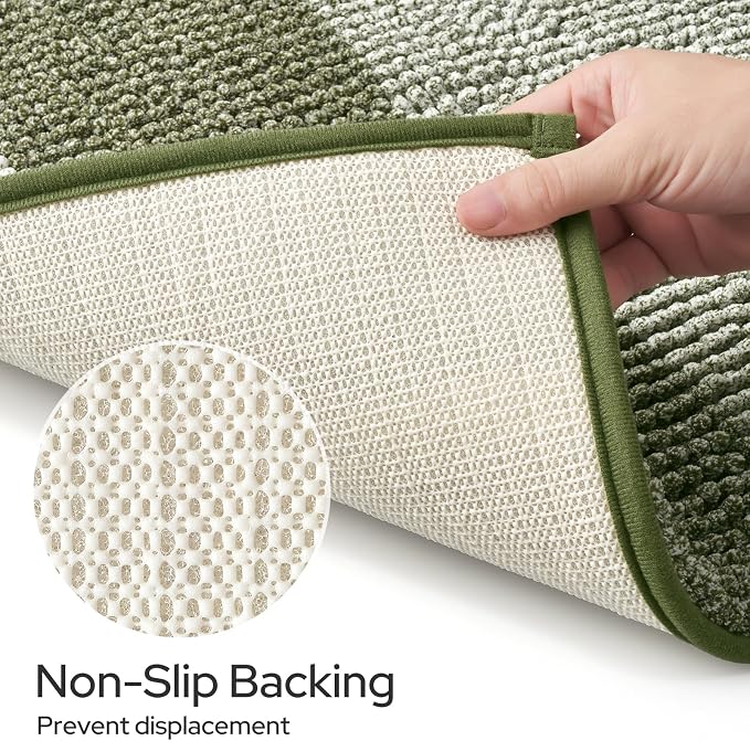 HOMEIDEAS Sage Green Bathroom Rugs Set, Striped Chenille, 20"x32"+17"x24" | Non Slip Absorbent Bath Mats, Fluffy Striped Chenille Soft Shaggy Bath Rugs for Bathroom Floor and Tub, Machine Washable