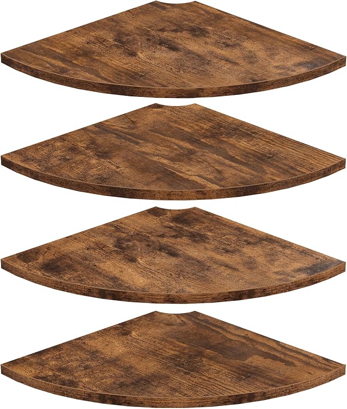 Homode Corner Wall Shelf, 12 Inch Wide Wooden Corner Floating Shelves with Cord Hole, Set of 4 Round Corner Hanging Storage Shelving for Bathroom Living Room Small Spaces, Rustic Brown