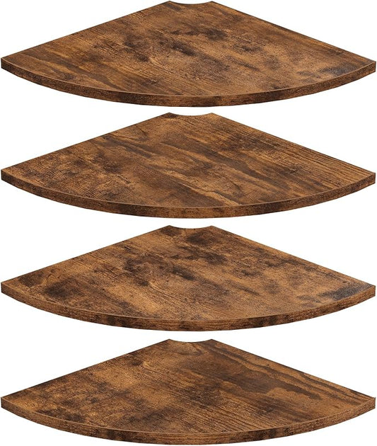 Homode Corner Wall Shelf, 12 Inch Wide Wooden Corner Floating Shelves with Cord Hole, Set of 4 Round Corner Hanging Storage Shelving for Bathroom Living Room Small Spaces, Rustic Brown