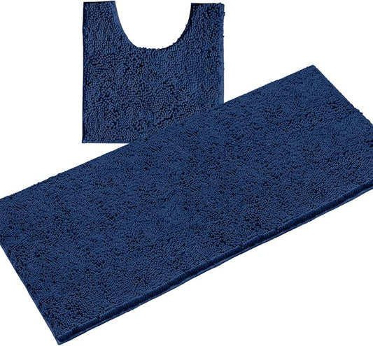 LuxUrux 2-Piece Bathroom Rug Set – Plush Chenille Runner & U-Shaped Toilet Mat, Soft, Absorbent & Non-Slip Design (20x20 U & 27x47 inches, Blue)