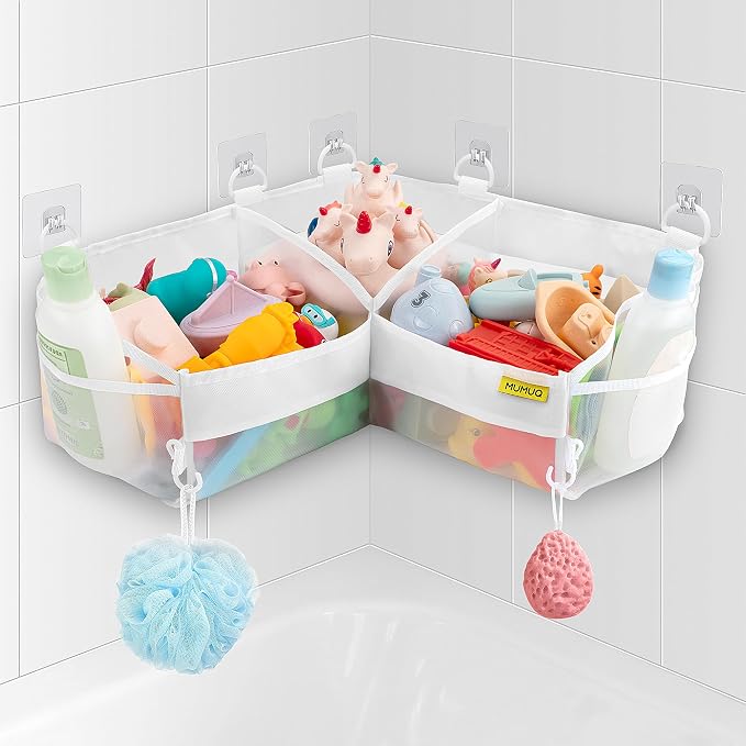 3 Compartments Bath Toy Storage Corner Bath Toy Holder for Bathtub, Kids Tub Toys Organizer with Adhesive Hooks, Quick-Drying Machine-Washable Mesh Bathroom Organizer for Tidy Bathtub