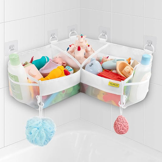 3 Compartments Bath Toy Storage Corner Bath Toy Holder for Bathtub, Kids Tub Toys Organizer with Adhesive Hooks, Quick-Drying Machine-Washable Mesh Bathroom Organizer for Tidy Bathtub
