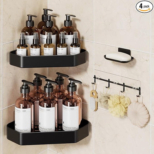 Veken Aluminum Corner Shower Caddy 4-Pack, Never Rust, No Drilling Adhesive Shelves, Stainless Rack with Soap Holder, Bathroom Organizers and Storage, Wall-Mounted Kitchen & Home Decor, Black