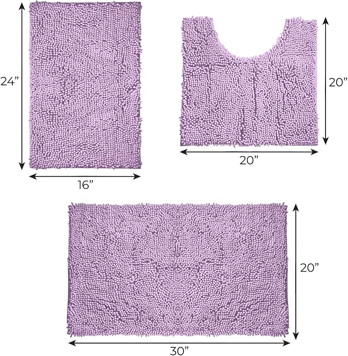 LuxUrux 3 Piece Bathroom Rug Set, Non-Slip Shaggy Chenille, Lavender, Includes U-Shaped Contour Toilet Mat, 20 x 30'' and 16 x 24'' Bath Mats, Machine Washable
