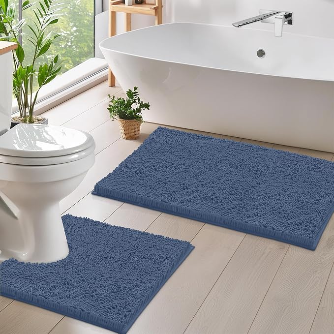 LuxUrux Bathroom Rugs Sets 2 Piece: Quick Dry, Soft Plush Anti-Slip, Super Absorbent. Includes Rectangular (31x20 inches) & U-Shaped Toilet Mat (20x20 inches) | Medium Blue