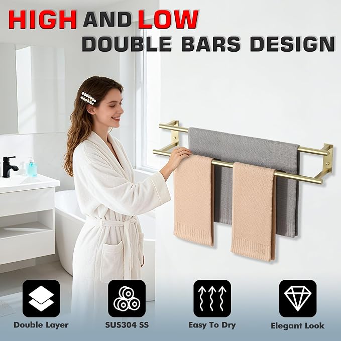 Alise 28‘’ Double Towel Bar for Bathroom Wall Mounted, Brushed Gold | SUS304 Stainless Steel, Bathroom Towel Holder Towel Hanger, Towel Racks for Bathroom, Labatory, Tower Drying Rack Towel Rail