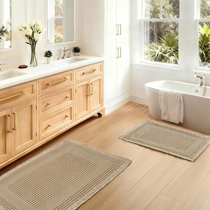 JIUZHEN Set of 2 Waffle Bath Mats Boho Bath Rugs 16x24&20x32, Loop-Brown | Non Slip, Super Absorbent, Washable, Ultra Soft, Fast Drying Waffle Bathroom Rugs for Bathroom Floor, Tub, Shower