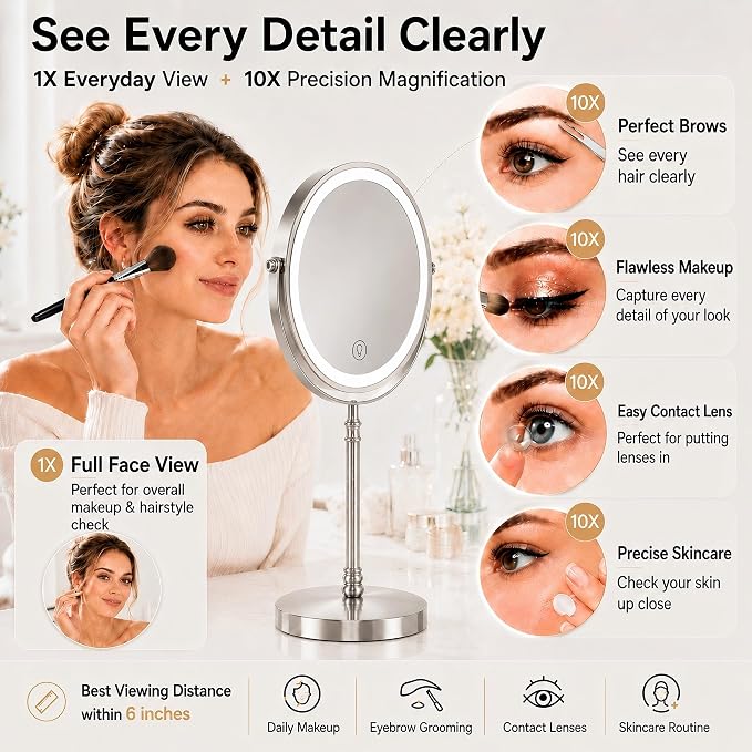 DEIOVWXS Makeup Mirror, Rechargeable Vanity Mirror with 3 Lights, 1X/10X | Adjustable Brightness, 3000mAh, Double-Sided, Gift for Mom, Women, Wife, Girls, Dorm Room Essential