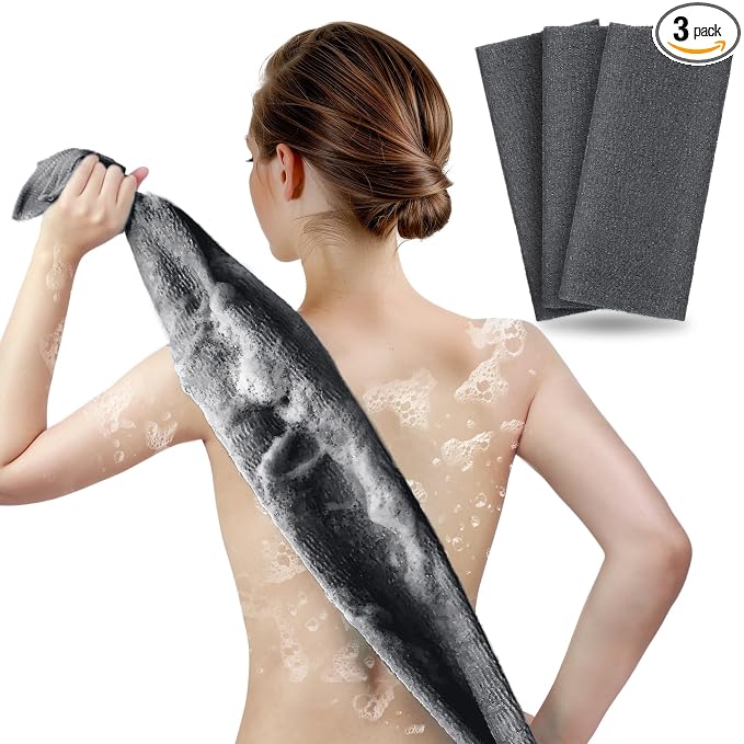 ARCH&M Exfoliating Washcloth, Japanese Bath Towel, 3 Pack, Black | Japanese Washcloth, Korean Exfoliation Daily Use, Nylon Body Scrubber Towel, Back Scrubber for Shower, Loofah Alternative