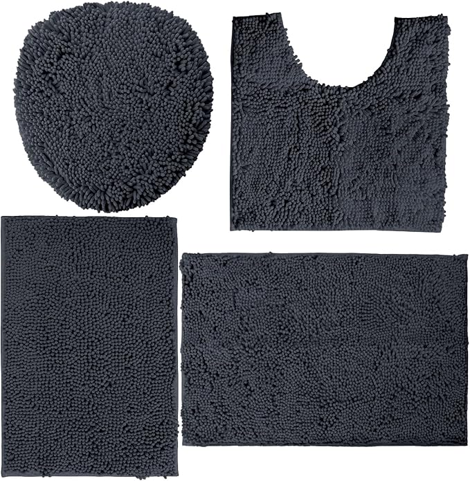 LuxUrux 4-Piece Bathroom Rug Set - Soft Chenille Mats, Non-Slip Toilet Mat & Lid Cover for Comfort & Style (20x20 U, 16x24, 20x30 & 19x19 inches, Charcoal)