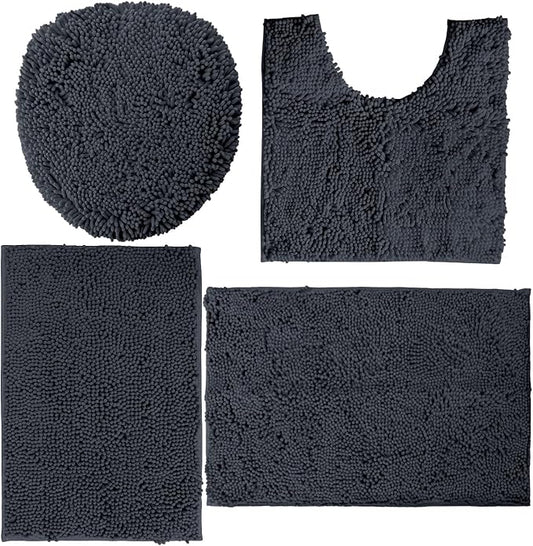 LuxUrux 4-Piece Bathroom Rug Set - Soft Chenille Mats, Non-Slip Toilet Mat & Lid Cover for Comfort & Style (20x20 U, 16x24, 20x30 & 19x19 inches, Charcoal)
