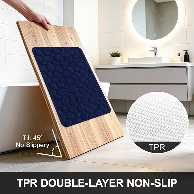 Stone Bath Mats, Non-Slip Memory Foam Bath Rugs, 16x24 DarkBlue | TPR Rubber Backing,Ultra Soft,Highly Absorbent,Machine Washable,Quick Dry for Tub and Shower, Home Decor Accessories