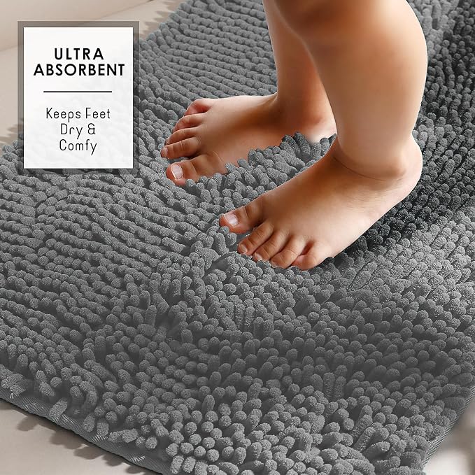 Hearth & Harbor Bathroom Rugs, Chenille Bath Mat - Machine Washable Bath Mats for Bathroom Non-Slip Backing Rubber, Quick Dry Bathroom Mat, 20 x 32 - Frost Grey