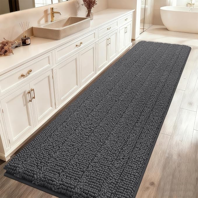 ACCUMTEK Striped Grey Bathroom Rug Mat 59"x20" Ultra Soft, Non Slip Chenille Bath Rugs, Absorbent Plush Shaggy Bath Mats for Bathroom, Bedroom, Kitchen, Shower, Tub,Dark Gray, Charcoal