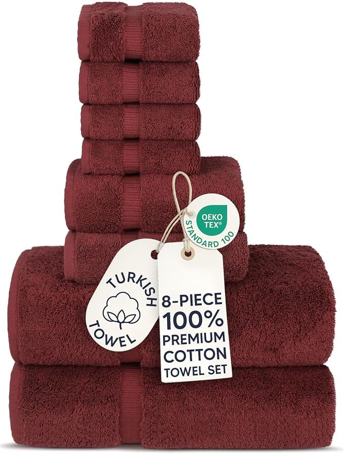 Chakir Turkish Linens | Hotel & Spa Quality 100% Cotton Premium Turkish Towels | Soft & Absorbent (8-Piece Towel Sets, Cranberry) | 100% cotton 8-pc set, OEKO-TEX certified: 2 bath 27x54, 2 hand 16x30, 4 washcloths 13x13
