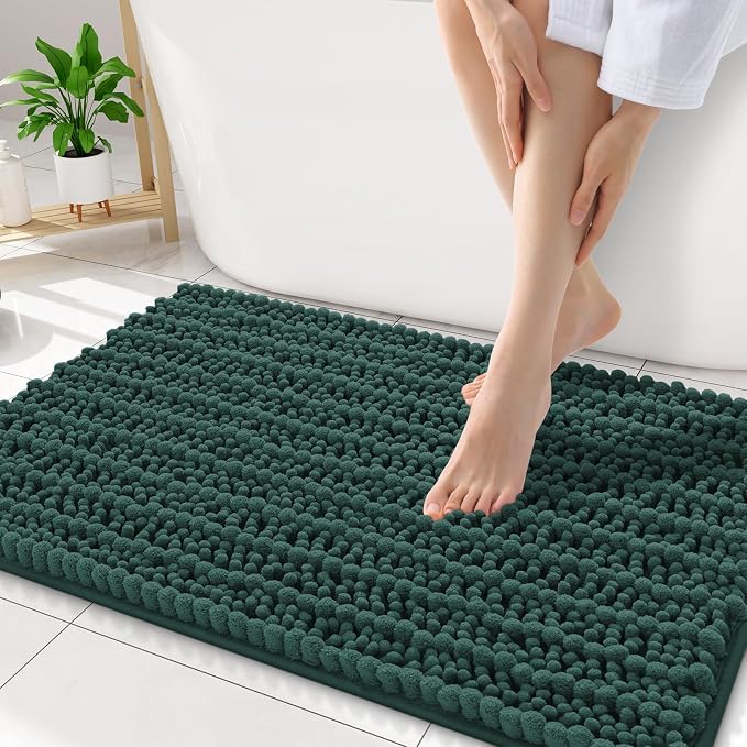 Smiry Bathroom Rugs 34X21, Extra Soft Rubber Backing Chenille Bath Mats | Green Machine Washable Non Slip Quick Dry Bath Mats for Bathroom Floor, Tub, Shower, Home Decor Accessories