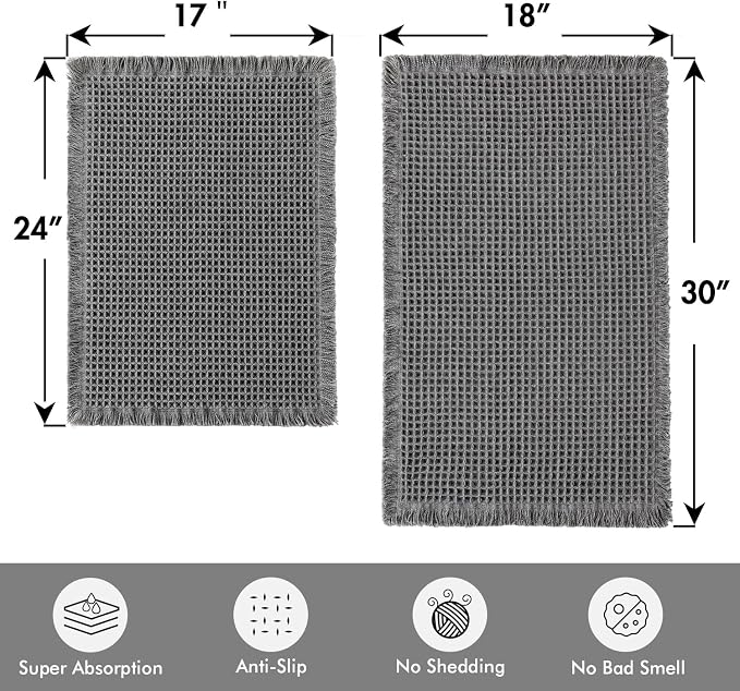 MIULEE Set of 2 Waffle Bathroom Rugs Dark Grey Bath Mat 17"x24"+18"x30" | Non Slip, Super Absorbent, Washable, Ultra Soft, Rubber Backed, Small Boho Bath Rugs for Bathroom Floor Tub Shower