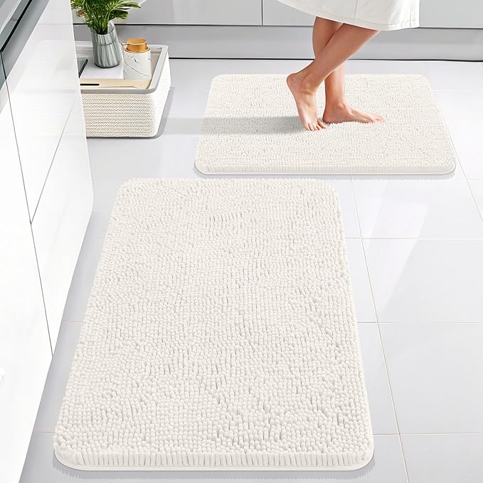 OLANLY Chenille Bathroom Rugs Mats Sets 2 Piece, 30"x20"+24"x16", Ivory | Ultra Soft Absorbent Bath Rugs Set, Rubber Backing Non-Slip, Quick Dry, Machine Washable Bath Carpet, Home Decor Accessories