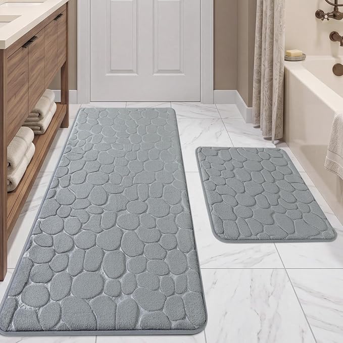 YIHOUSE Bathroom Rugs Mat Set, Memory Foam Bath Mat 2 Piece Gray | 17x24&20x46, Non Slip, Water Absorbent, Washable, Bath Mat For Bathroom, Sink and Toilet