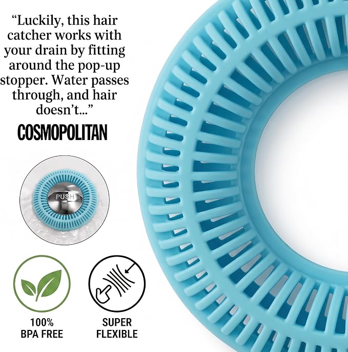 TubRing Pop-Up Drain Protector & Strainer Silicone Hair Catcher, Aqua | Easy snap-in design fits around bathtub stoppers. Customizable utility guard for clog prevention. Fits 1.85"- 2.16" drains.