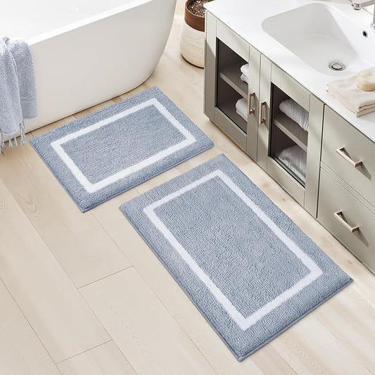 HOMEIDEAS Grey Blue Bathroom Rugs Sets 2 Piece 20" x 32" + 16" x 24" | Super Soft and Absorbent Microfiber Tufted Bath Mats, Non-Slip and Machine Washable for Bathroom, Shower, Tub