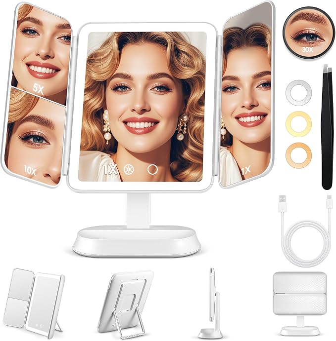 GOMIPURU Makeup Mirror with Lights and 30X/10X/5X Magnification, Vanity Mirror with 3 Color Lights, Rechargeable, Detachable, Lighted Makeup Mirror with Magnification, Trifold Mirror, Gifts, White