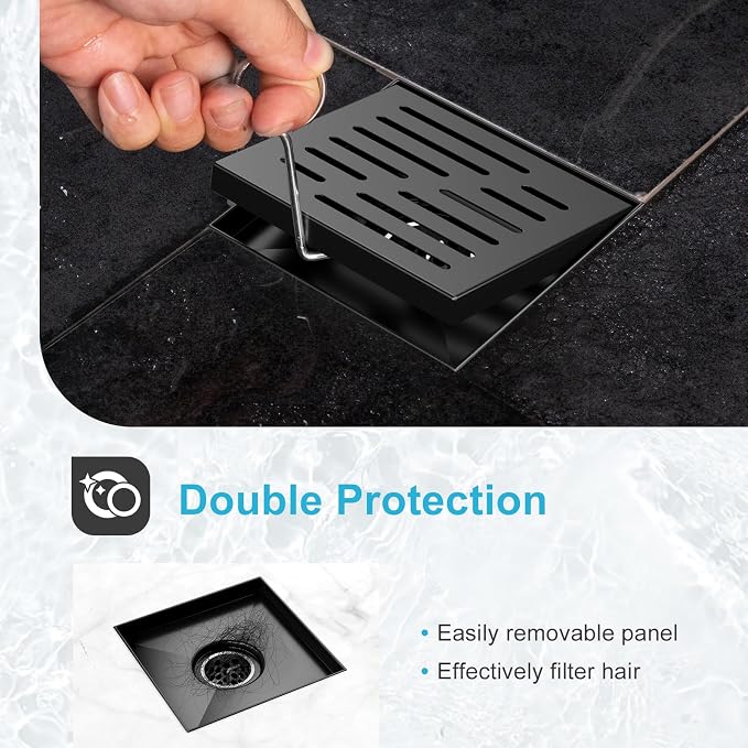 6 Inch Square Shower Drain, EMBATHER 304 Stainless Shower Floor Drain and Shower Drain Cover Included Hair Catcher and Leveling Feet, Black