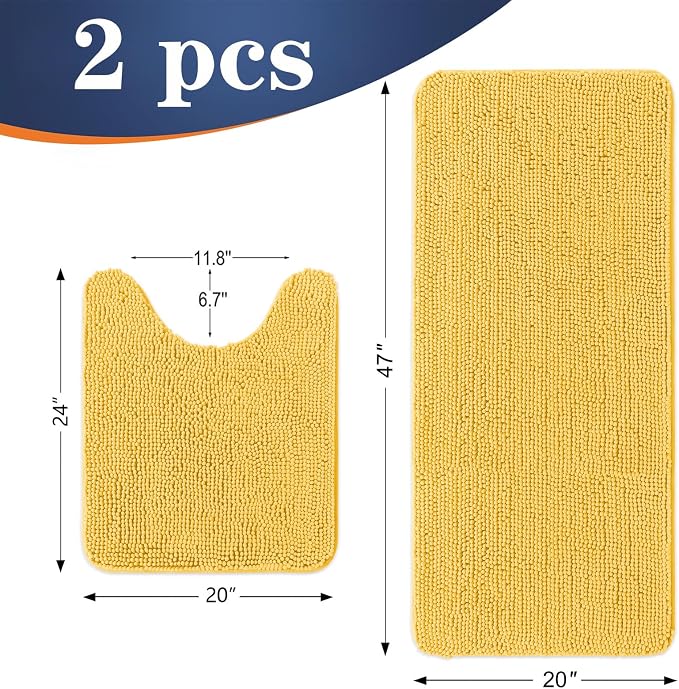 OLANLY Chenille Bathroom Rugs Mats Sets 2 Piece, 47"x20"+24"x20", Yellow | Soft Absorbent Bath Mat and U-Shaped Contour Toilet Rug Set, Quick Dry, Machine Washable Bath Carpet, Home Decor Accessories