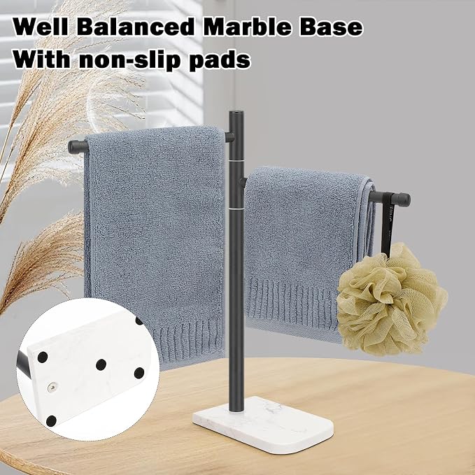 Standing Hand Towel Holder, Hand Towel Stand with Marble Base, 304 Stainless Steel Towel Rack with 2 Swivel Arm, Countertop Stand Towel Ring Towel Bar for Bathroom (Matte Black)