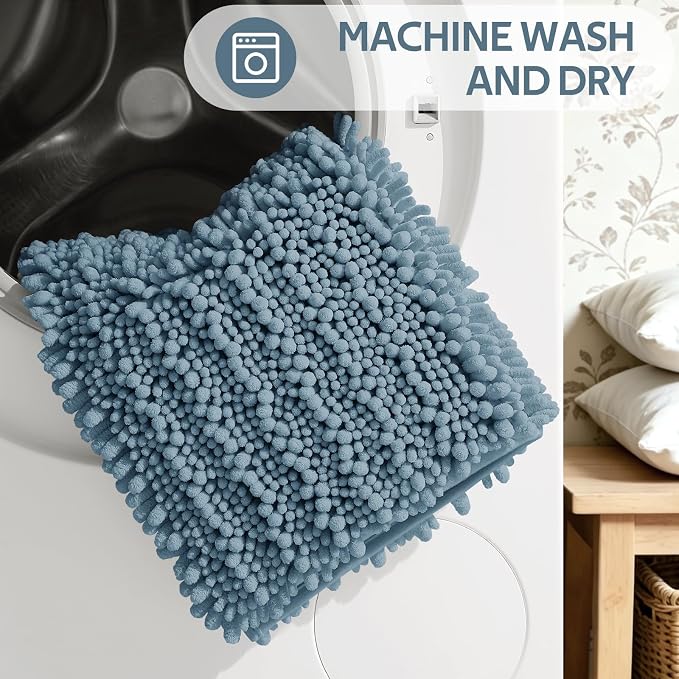 ACCUMTEK Upgrade Extra Large Haze Blue Bathroom Rug Set 3 Pieces Ultra Soft, Thick Absorbent Bath Mats, Non Slip Chenille Toilet Mat for Bathroom, Bedroom, Kitchen, Stone Blue