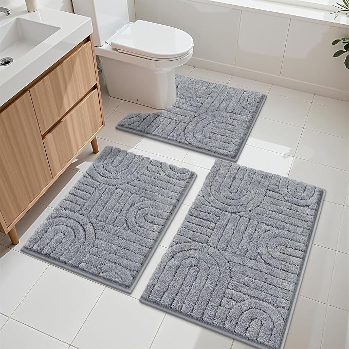 Vaukki Light Grey Bathroom Rugs Sets 3 Piece, 32x20+26x18+24x20 Inch | Washable Non Slip Soft Bath Mats for Shower and Tub, Plush Absorbent Microfiber Toilet Rug U Shaped