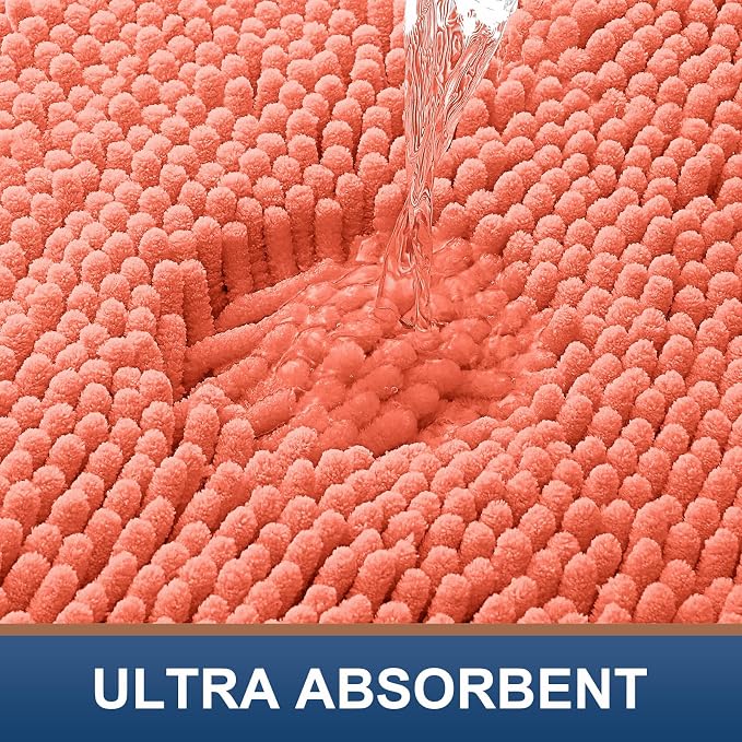 Smiry Chenille Bathroom Rugs Sets 2 Piece (30x20+ U Shape 24x20, Coral) | Soft Absorbent Machine Washable Non Slip Shaggy Bath Rug Set for Tub, Shower, and Floor, Home Decor