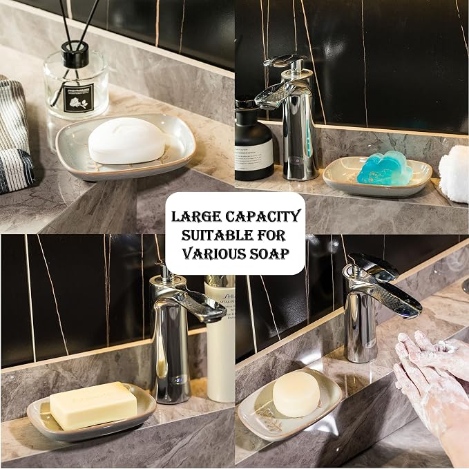 Miamolo Ceramic Soap Dish Soap Holder, Soap Lift for Bar Soap Sponge, Shower Soap Dishes for Bathroom Kitchen Counter Soap Saver Tray Keep Dry, Dishwasher Safe (Pack of 2)