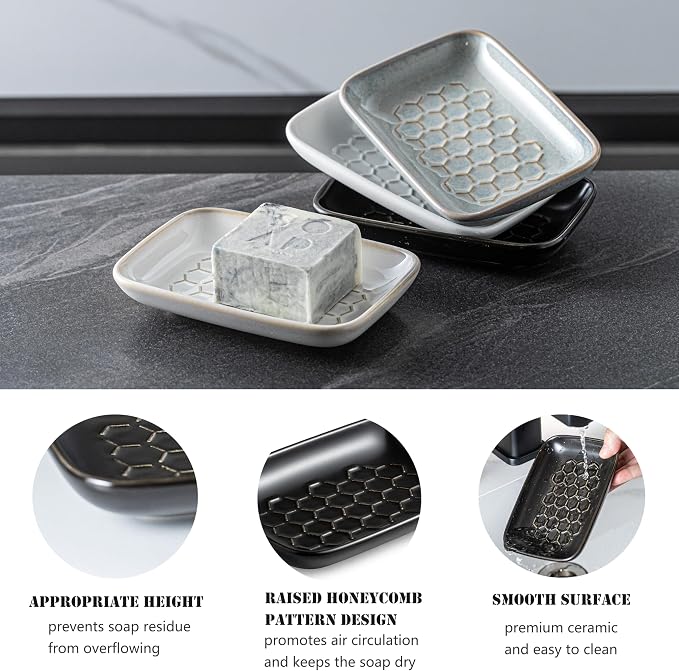 Gomakren Soap Dish for Shower, Ceramic Bar Soap Holder with Honeycomb Design - Father's Day Soap Saver Tray for Bathroom Kitchen Sink, Sponge & Organizer Tray, Upscale Look, 5.5 Inch, Black
