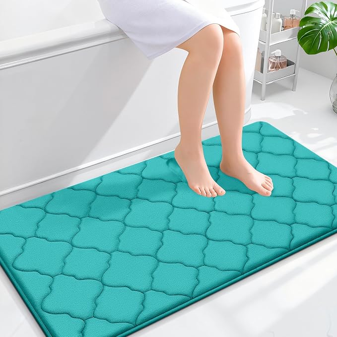 OLANLY Memory Foam Bath Mat Rug 44x24, Ultra Soft Bathroom Rugs, Teal | Thick Absorbent Carpet, Non-Slip Backing, Machine Washable, for Bathroom Floor, Tub, Shower and Home Decor Accessories