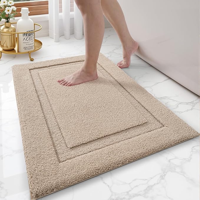 LUMI Ultra Soft Bathroom Rugs Absorbent, Non Slip Bath Mat 20x32, Beige | Machine Washable with Rubber Backing, Quick Dry, Premium Microfiber Plush Carpet for Bathtub and Shower Floor