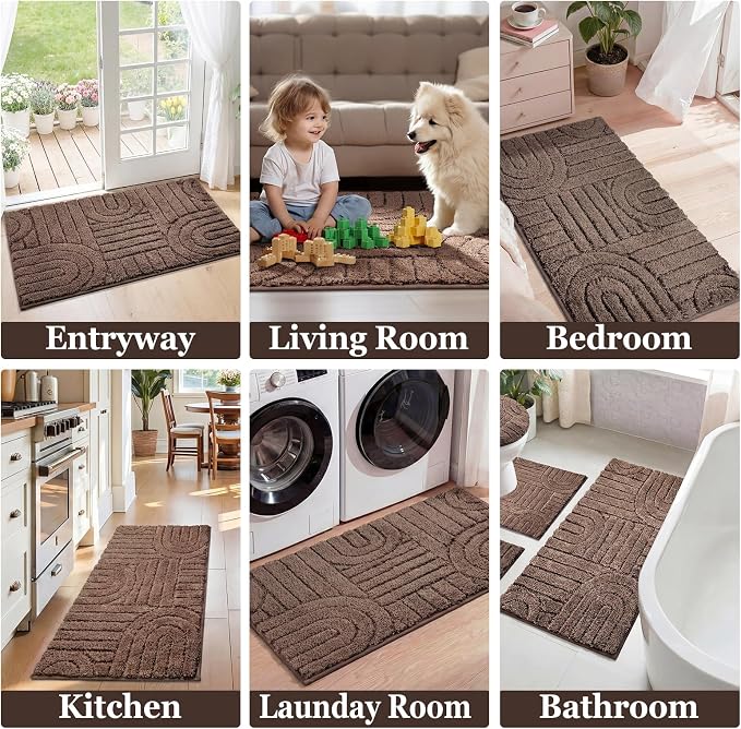 Homcomoda Bathroom Rugs Sets 5 Piece, Ultra Absorbent Bath Mat - Non-Slip Machine Washable Bath Rug Set with Bathroom Runner Rug, U-Shaped Toilet Rugs, Shower Rug & Toilet Lid Cover, Coffee